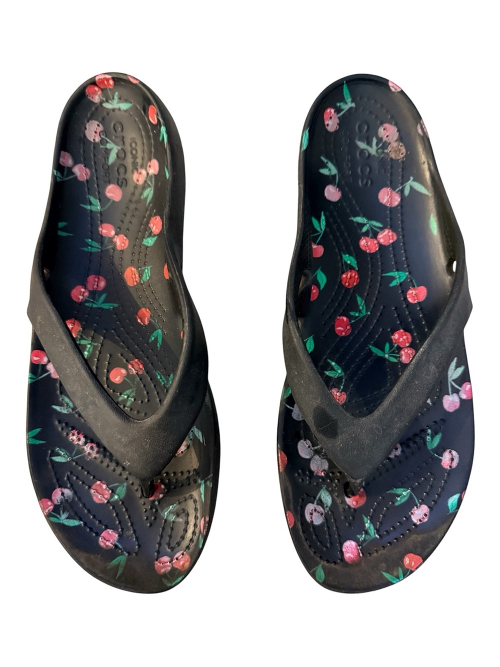 CROCS Black Flip Flop Sandals with Cherry Print summer beach daily flip flop sz9